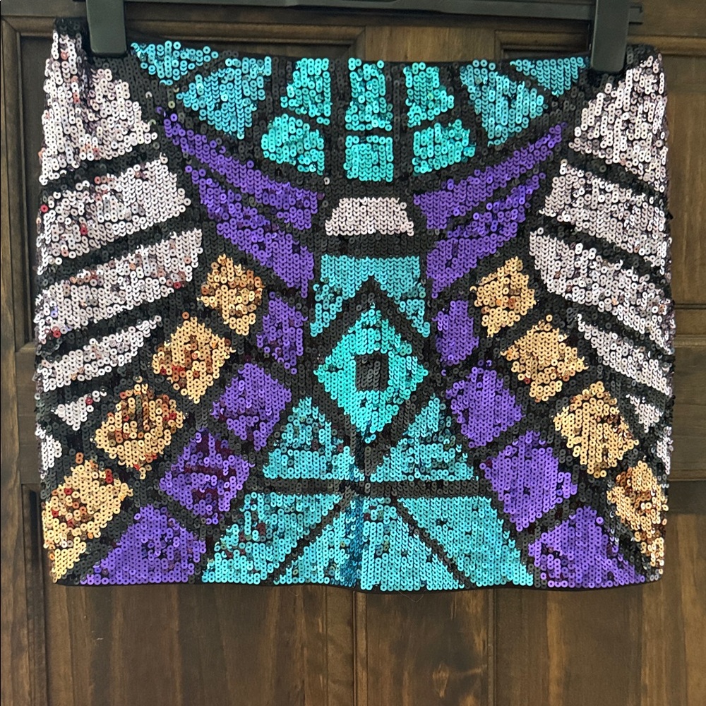 Women’s Angie Sequin Mini Cocktail Skirt Geometric Party Size Large Black Purple